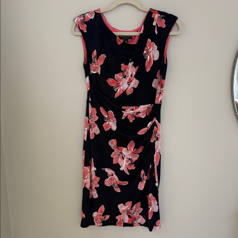 Connected Apparel Navy and Pink Floral Midi Dress